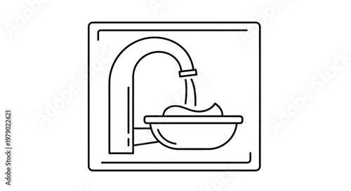 Simple Line Art Icon of a Faucet Dispensing Water into a Sink