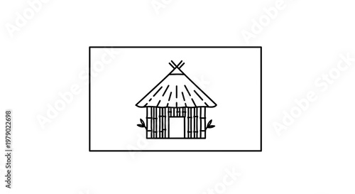 Simple Line Art Icon of a Traditional Hut with Thatched Roof