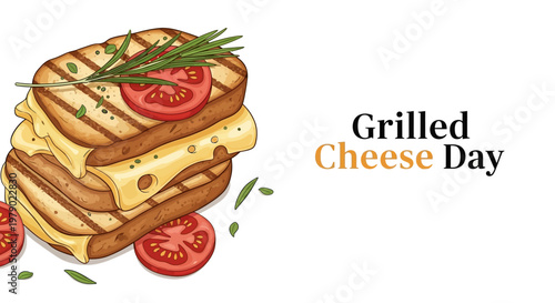A flat lay vector illustration celebrates Grilled Cheese Day with stacked melted cheese sandwiches adorned with tomato slices and rosemary sprigs against a clean white background