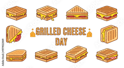 Flat lay vector illustration showcasing a Grilled Cheese Day celebration with multiple grilled cheese sandwiches, each featuring golden toasted bread and gooey cheese melt, set