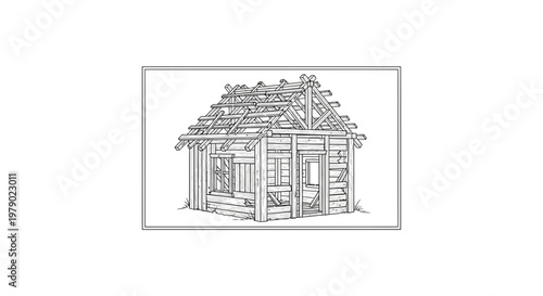 Rustic Cabin Under Construction Sketch: Unfinished Wooden House with Exposed Roof Beams
