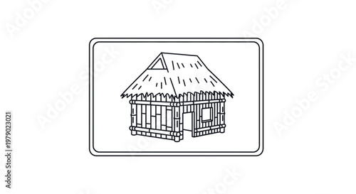 Rustic Hut Icon, Traditional Thatched Roof Dwelling, Simple Village House Outline