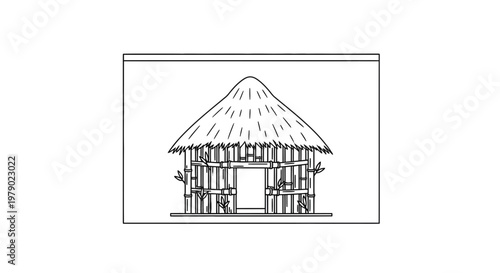 Rustic Hut with Thatched Roof and Bamboo Structure, Tropical Dwelling