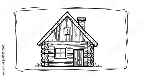 Rustic Log Cabin Hand Drawn Sketch Illustration
