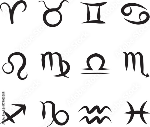 Collection of Twelve Zodiac Signs Representing Astrological Symbols of the Horoscope