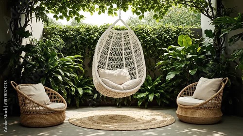 Serene Outdoor Patio with Hanging Chair.