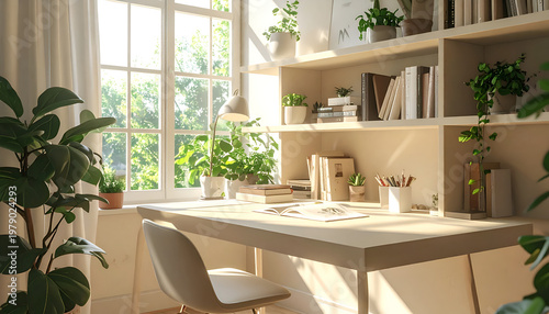 Sunlight streams through a window, illuminating a cozy and plant-filled home office space with a desk, shelves, and a comfortable chair.