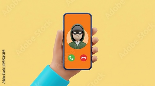 phishing, scam, fraud, hacker, smartphone, security, mobile, 3d illustration of a hand holding a phone with a call from a masked cyber criminal representing a data security risk.