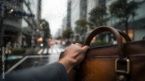 A businessman carrying a leather briefcase on a rainy day, with the city skyline visible through a windowpane.