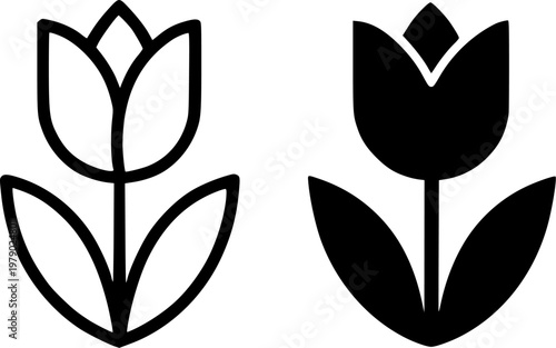 Tulip minimalist icon, outline and silhouette, for floral or plant design, isolated on transparent background