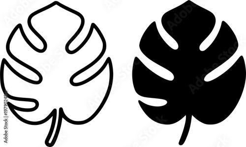 Monstera leaf minimalist icon, outline and silhouette, for floral or plant design, isolated on transparent background