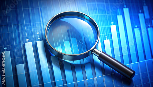 A magnifying glass focuses on a vibrant blue graph representing data analysis and business growth, symbolizing detailed examination and strategic decision-making.