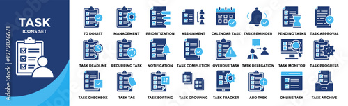 Task icon set collection. an icon pack contain task management, task prioritization, task assignment, task completion, task delegation