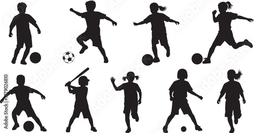 Set of diverse children sports silhouettes featuring boys and girls playing soccer and baseball in various active poses flat vector illustration for school athletics.