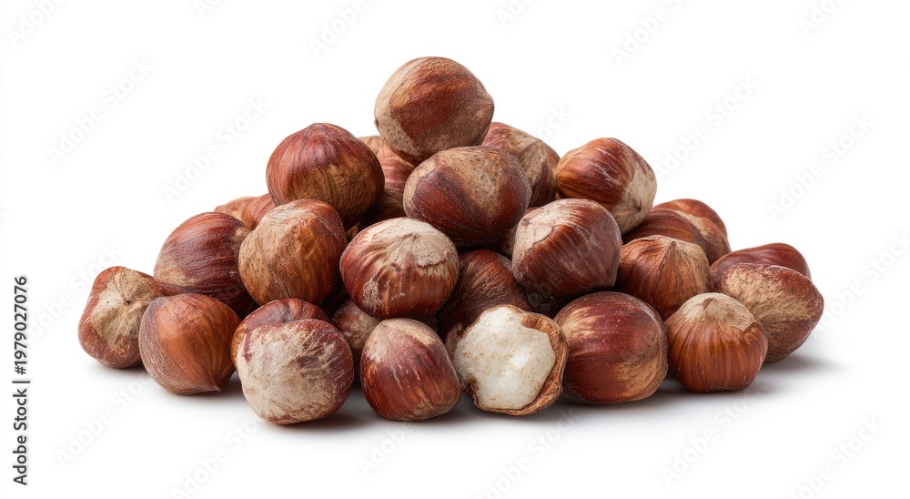 Fototapeta premium A textured pile of whole, unpeeled hazelnuts forms a mound against a white background