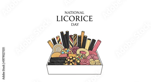 A colorful vector illustration celebrates National Licorice Day with a variety of licorice sweets displayed in a box, featuring a clean, minimalist design against a bright white background