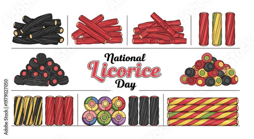 A colorful candy background featuring a vector illustration for National Licorice Day with an assortment of gourmet licorice candy close up and classic candy sweets arranged in neat rows