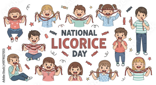Illustrations celebrate National Licorice Day with vector graphics of children happily holding and eating red and black licorice candy against a white backdrop, creating a colorful