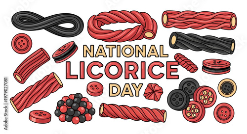 Festive vector illustration commemorating National Licorice Day, showcasing an assortment of red and black licorice candy including ropes, sticks, and buttons against a clean white