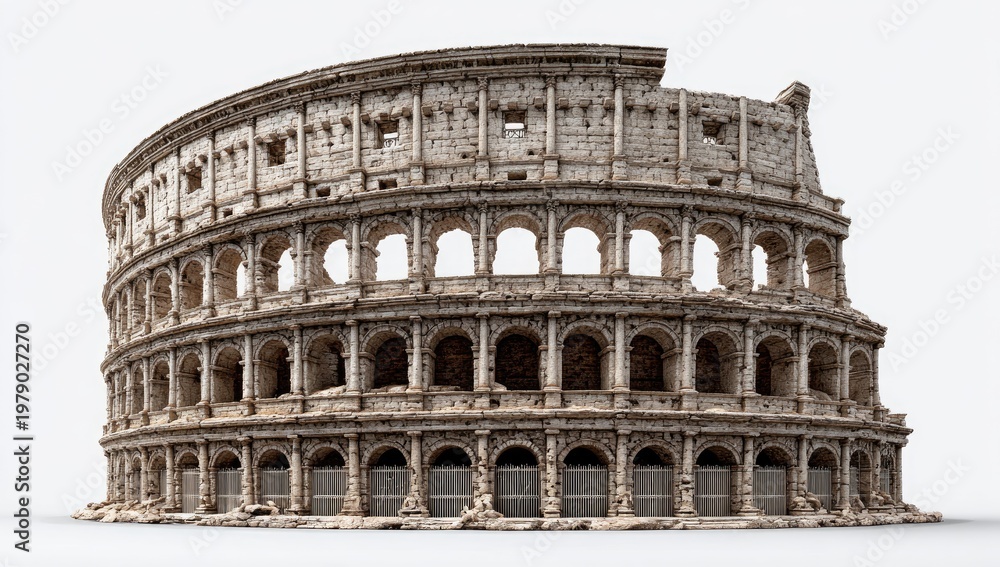 Fototapeta premium Ancient stone amphitheater with multiple arched tiers against a white background