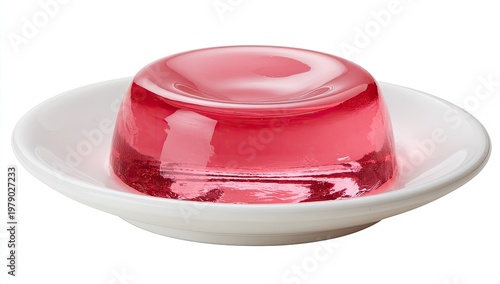 A red, translucent dessert quivers gently in a white dish