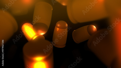 3D Animated Bullets Spinning over Dark Background - Gold Version