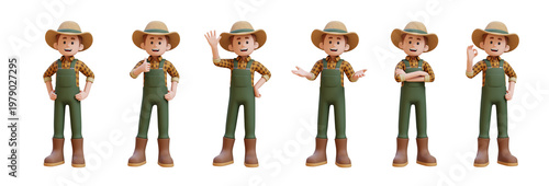 Cartoon farmer character in straw hat and overalls showing thumbs up and greeting in a 3D render