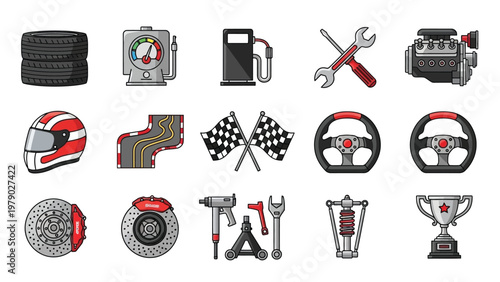 Collection of 16 racing icons including helmets, tools, tires, and trophies on a white background with a mix of gray, red, and black colors.