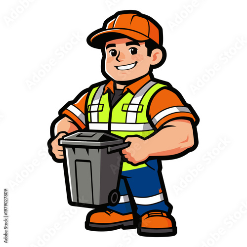 A friendly and professional garbage worker mascot in flat vector style, holding a trash bin, designed with bold outlines and clean shapes for branding, cleaning services, and sanitation themes.