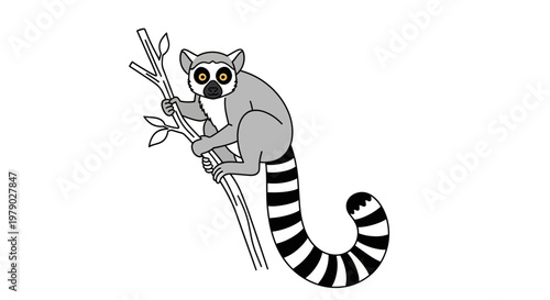 Ring-tailed lemur sitting on a tree branch, cartoon style