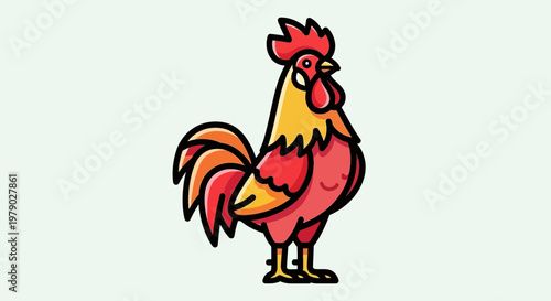 Rooster Illustration: Vibrant Red and Yellow Chicken Standing Profile