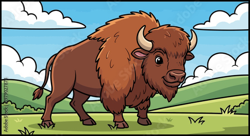 Cartoon Bison Standing in a Grassy Field with Clouds