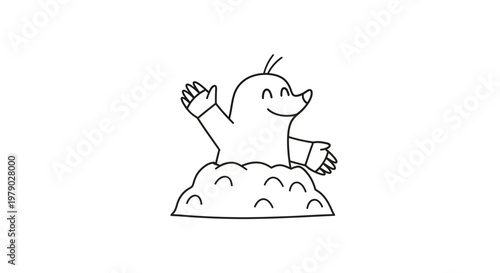Cute cartoon mole popping out of a mound of earth, waving hello