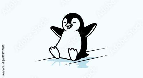 Cute cartoon penguin sliding on ice, happy and excited