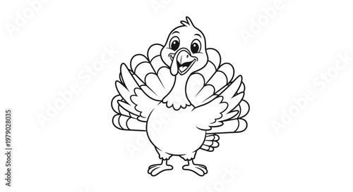 Cute cartoon turkey outline, Thanksgiving holiday, isolated on white background