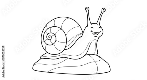 Cute cartoon snail, line art, smiling, on a leaf, isolated on white background