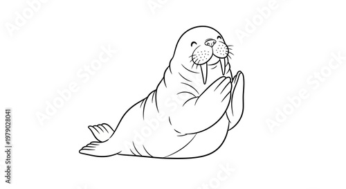 Cute cartoon walrus with tusks, clapping hands, isolated on white background.