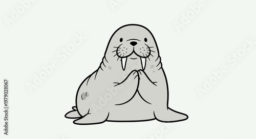 Cute cartoon walrus with tusks, smiling and praying or begging, isolated on white background.