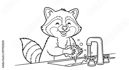 Cute raccoon washing hands with soap and water in sink, hygiene concept
