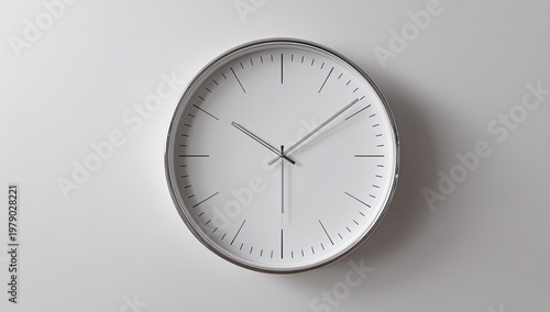 Minimalist wall clock with sleek silver frame and clean white face. Time displayed