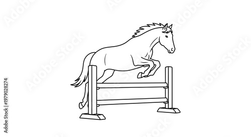Equestrian horse jumping over obstacle, outline drawing