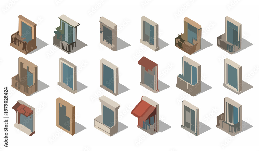 Fototapeta premium Isometric architectural windows vector set arched rectangular balcony