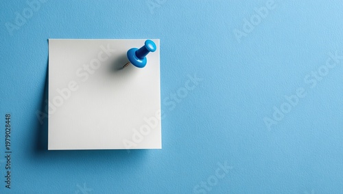 Blank white paper square attached by blue pushpin to light blue wall