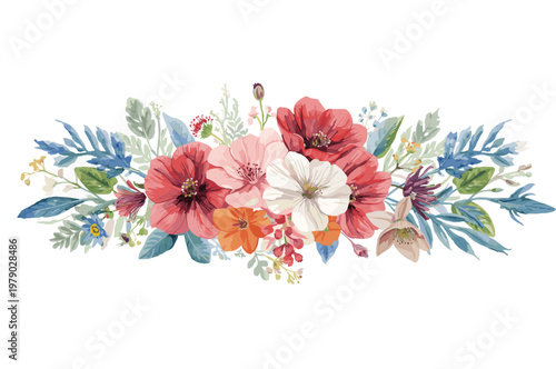 Colorful tropical flowers with lush green leaves in a heart shape isolated on white background