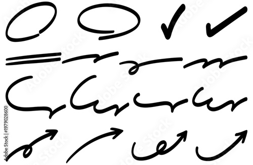 手書きのあしらいセット 黒ペンで書いたようなおしゃれな矢印と丸やチェックの装飾セット