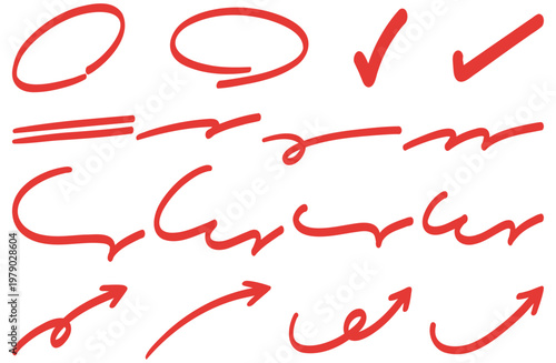 手書きのあしらいセット 赤ペンで書いたようなおしゃれな矢印と丸やチェックの装飾セット