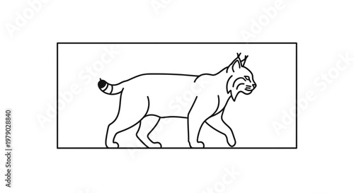 Minimalist line art illustration of a walking lynx in a rectangle frame