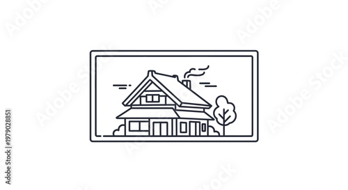 Minimalist Line Art Illustration of a Cozy House with Smoke Coming from Chimney
