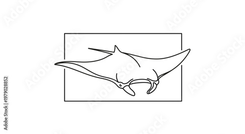 Minimalist Line Art Illustration of a Manta Ray swimming inside a rectangle frame