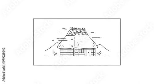 Minimalist Line Art of a Thatched Roof House in a Rural Landscape